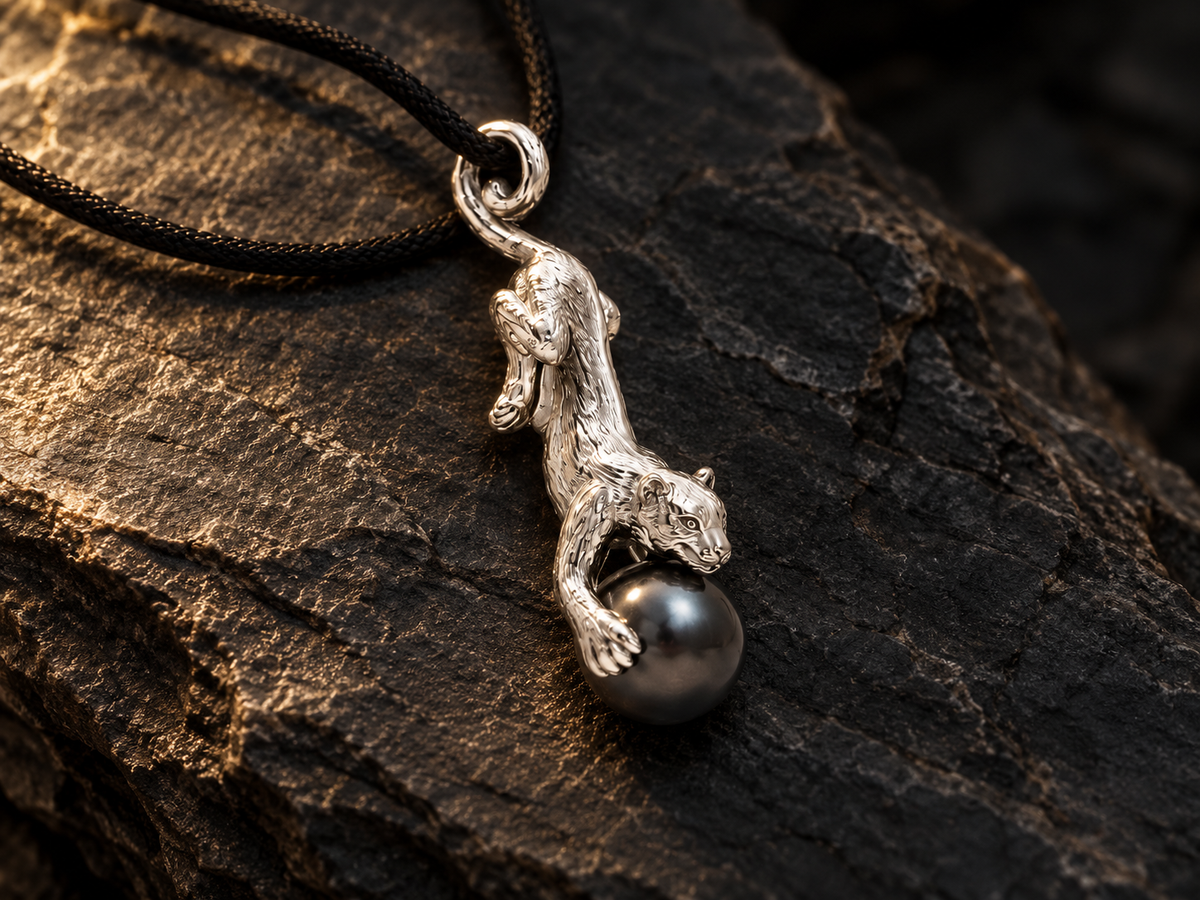 Panther-Anhänger aus 925 Silber mit anthrazitfarbener Muschelkernperle auf dunklem Stein