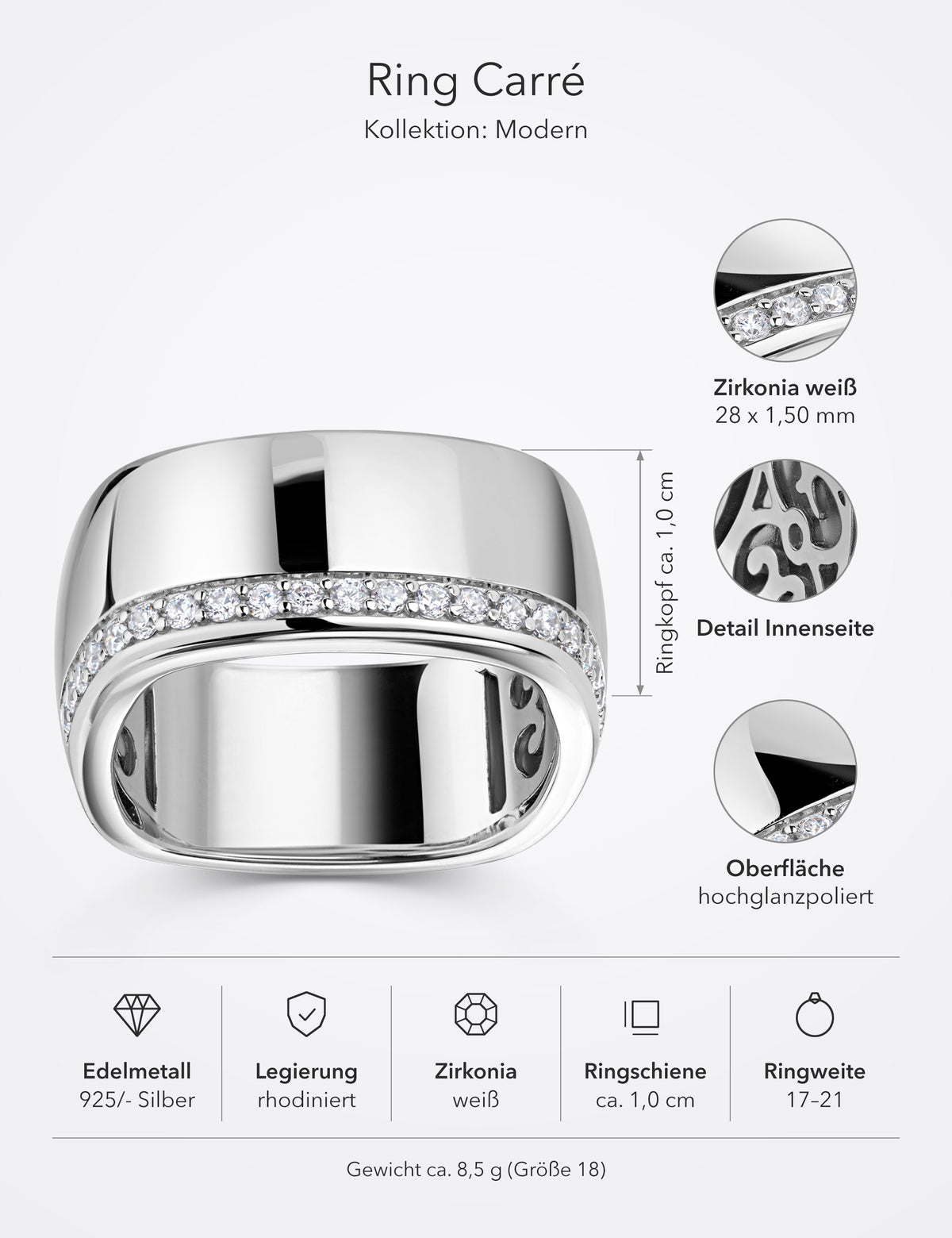Ring „Carré“ 925/- Silber mit Zirkonia