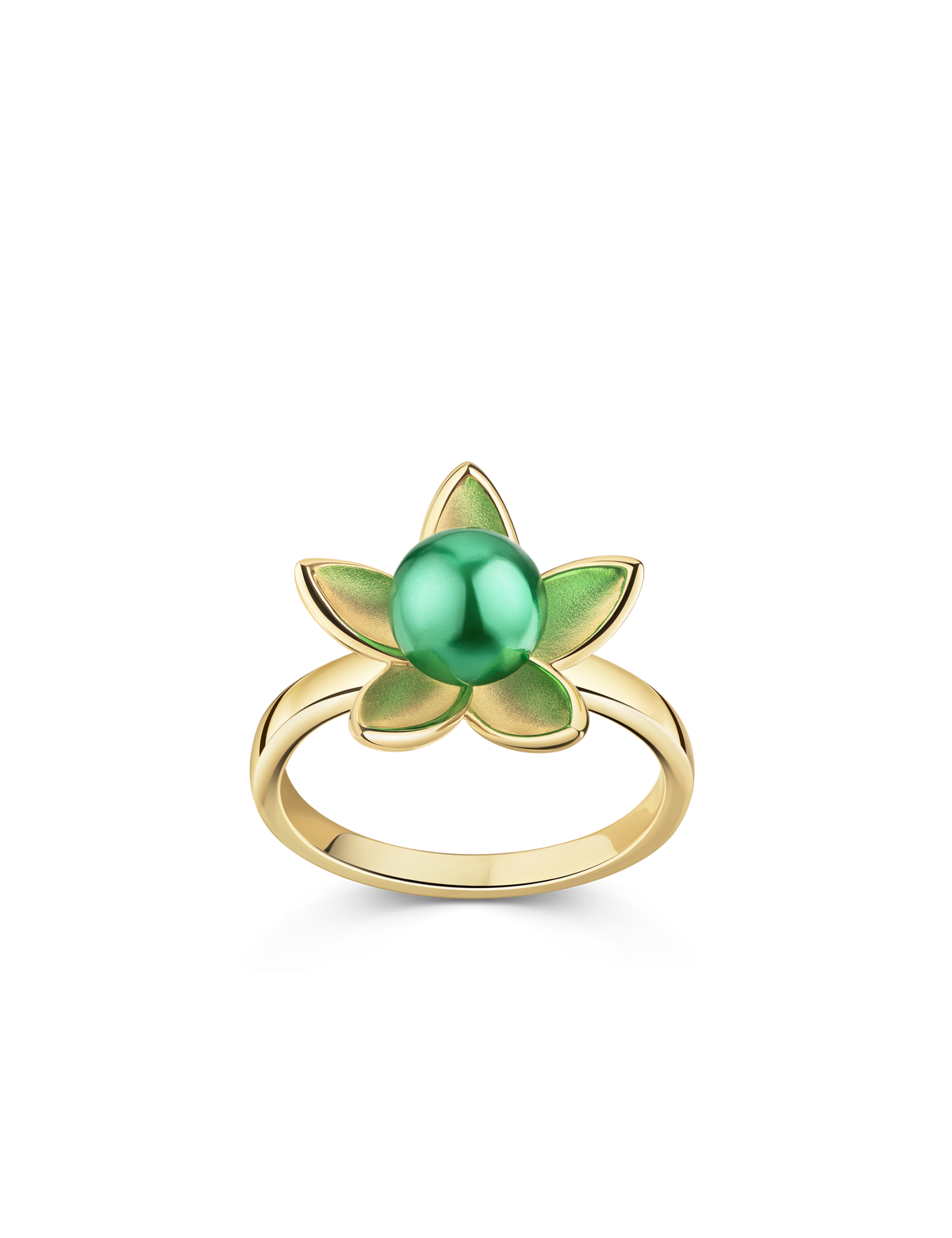 Ring Seerose 925/- Silber goldplattiert mit Muschelkernperle smaragd, Vorderansicht