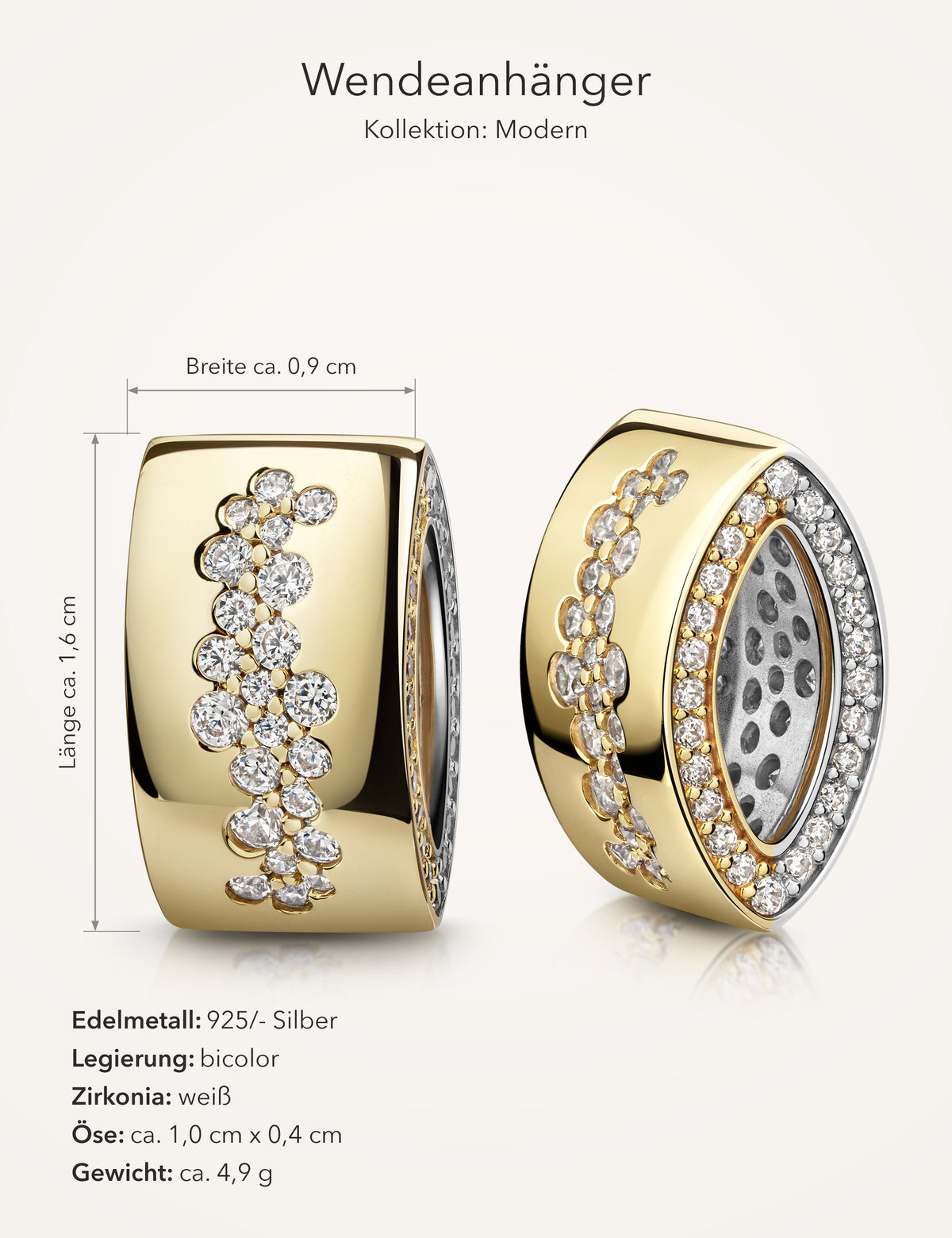 Maße Wendeanhänger 925/- Silber bicolor mit Zirkonia: Länge ca. 1,6 cm, Breite ca. 0,9 cm