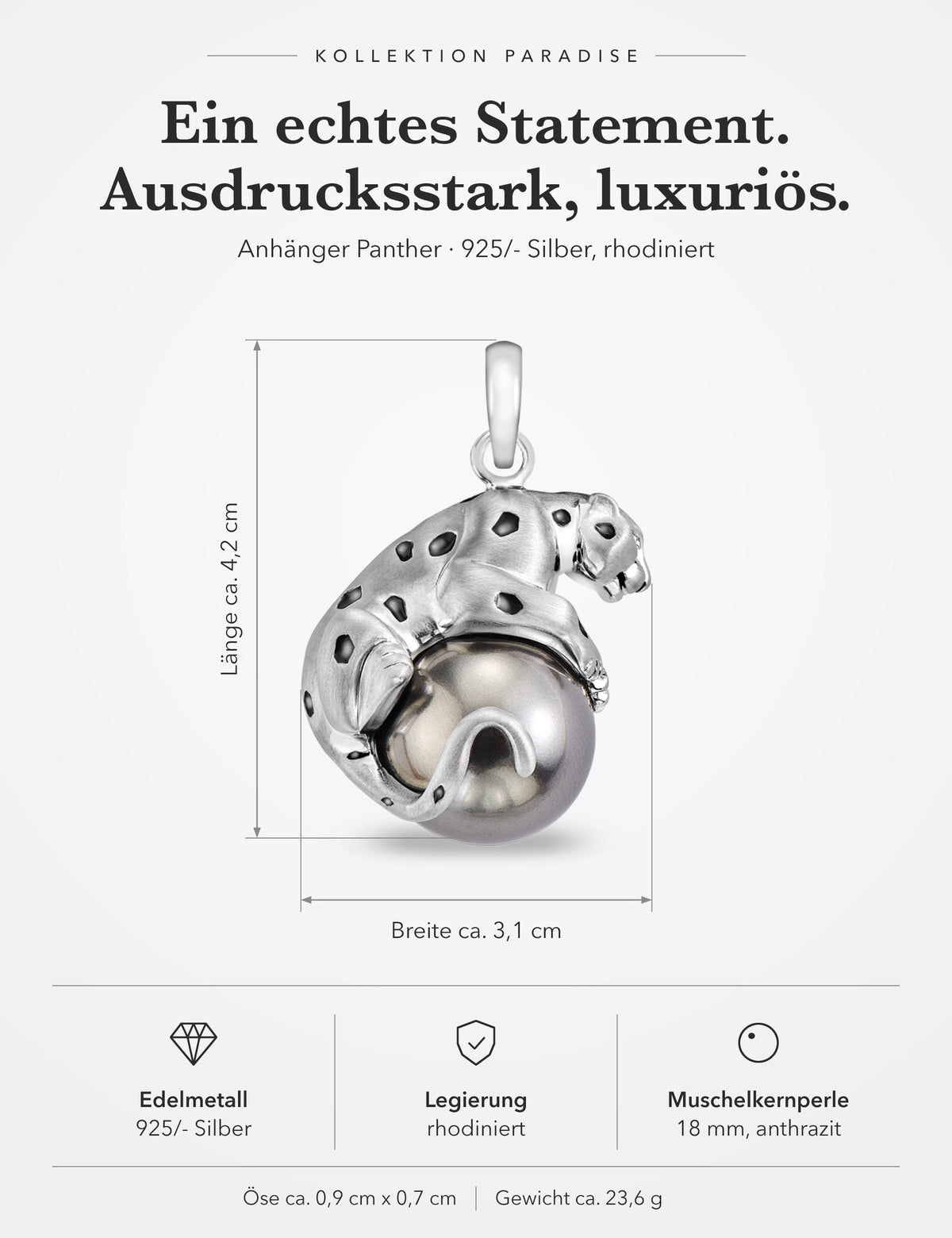 Maße Anhänger Panther 925/- Silber rhodiniert mit Muschelkernperle: Länge ca. 4,2 cm, Breite ca. 3,1 cm