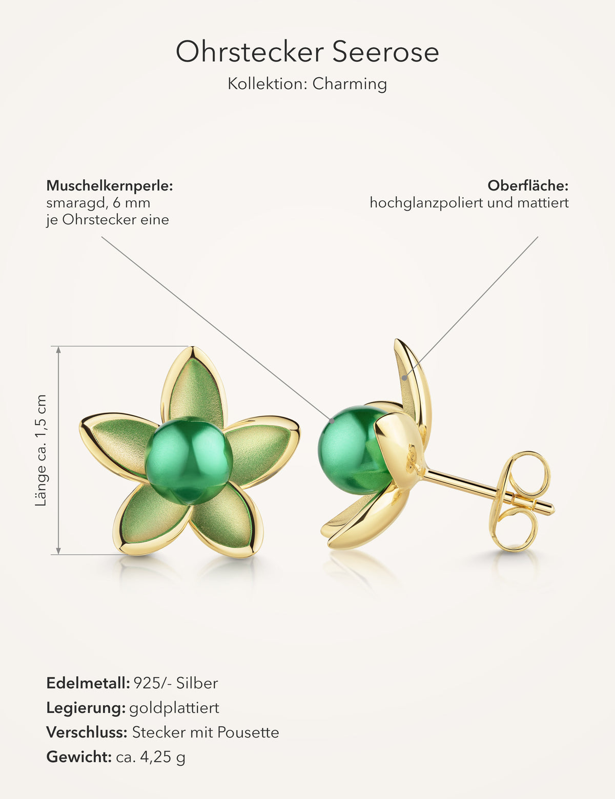 Ohrstecker Seerose 925/- Silber goldplattiert mit Muschelkernperle smaragd 6 mm, Maßbild: Länge ca. 1,5 cm, Gewicht ca. 4,25 g