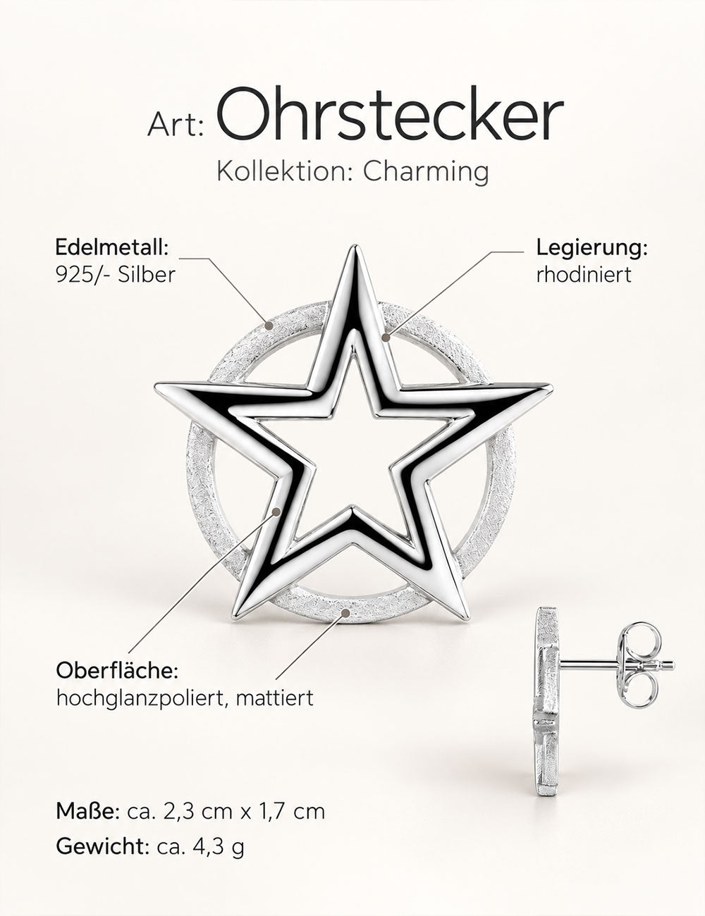 Ohrstecker „Stern“ 925/- Silber rhodiniert